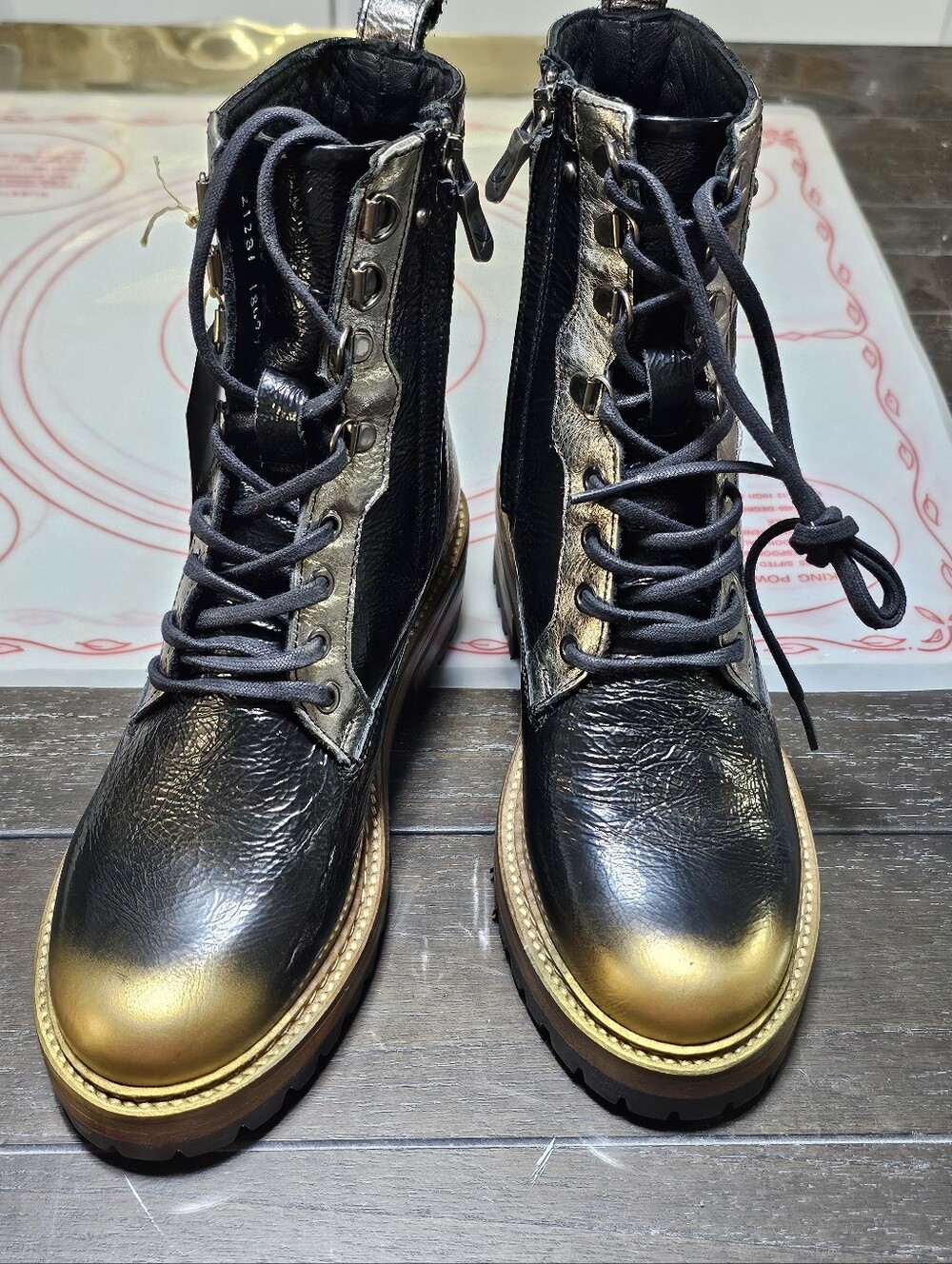Black and Gold Lace-Up Leather Combat Boots